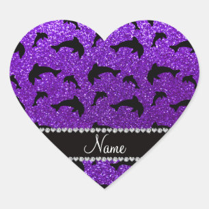Personalized name indigo purple glitter dolphins heart sticker