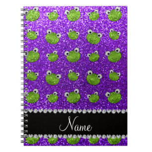 Personalized name indigo purple glitter frogs notebook