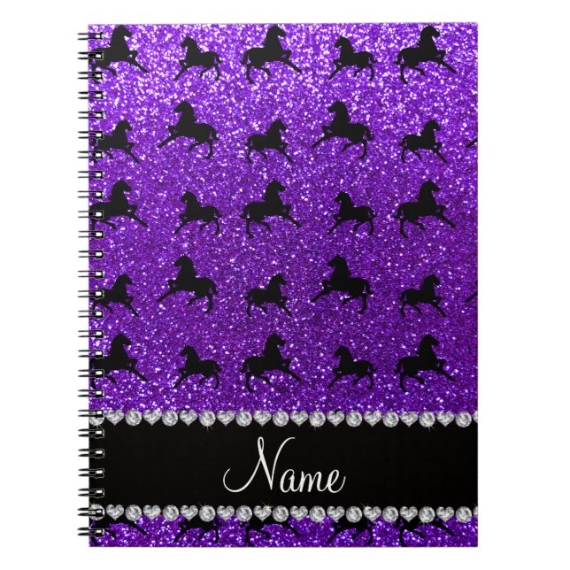 Personalized name indigo purple glitter horses notebook (Front)