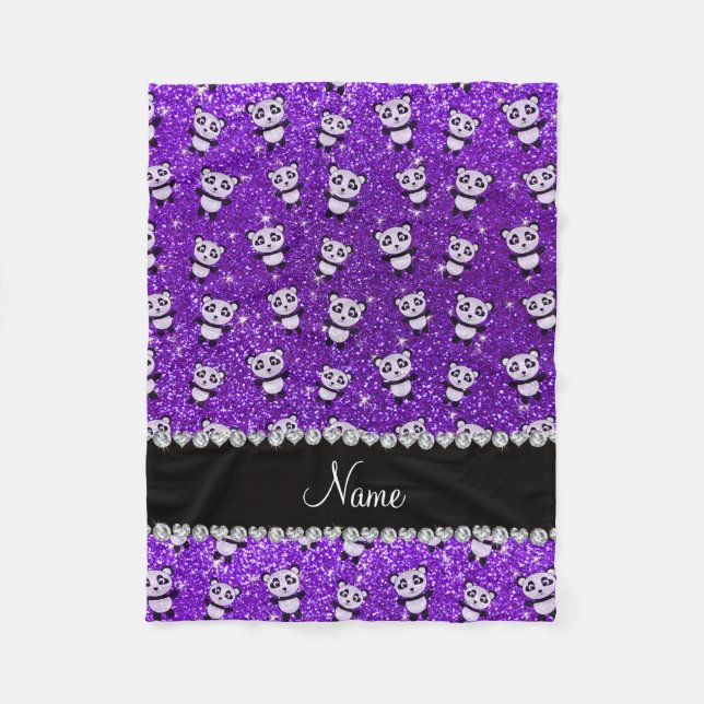 Personalized name indigo purple glitter pandas fleece blanket (Front)