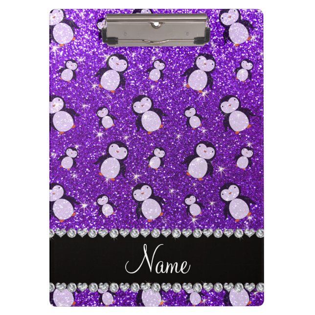 Personalized name indigo purple glitter penguins clipboard (Front)