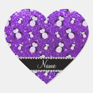 Personalized name indigo purple glitter penguins heart sticker