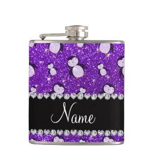 Personalized name indigo purple glitter penguins hip flask