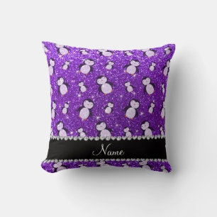Personalized name indigo purple glitter penguins throw pillow