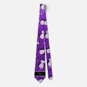 Personalized name indigo purple glitter penguins tie