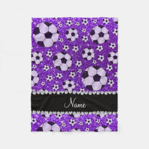 Personalized name indigo purple glitter soccer fleece blanket