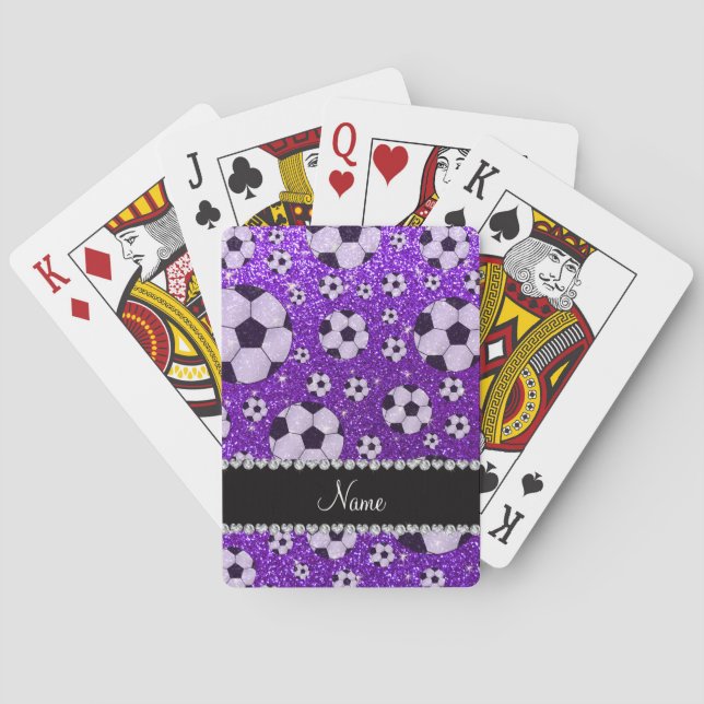 Personalized name indigo purple glitter soccer playing cards (Back)