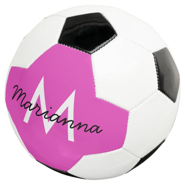 Personalized Name Initial Girly Bright Pink Soccer Ball (Three Quarter)