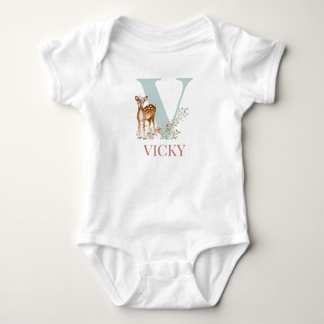 Personalized Name Initial Letter V Baby Bodysuit (Front)