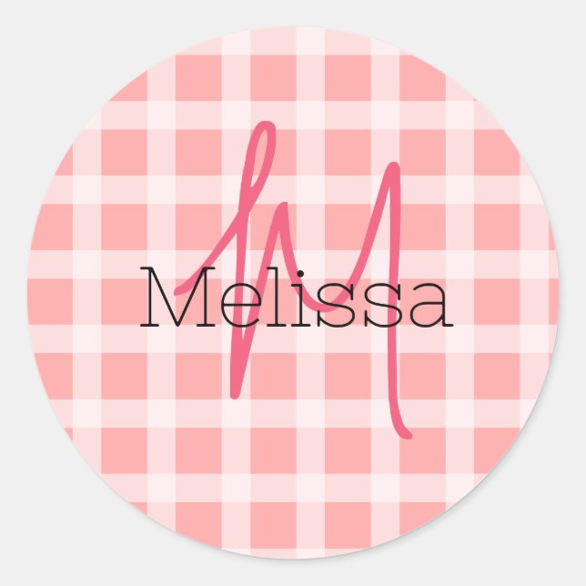 Personalized name initial modern blush pink tartan classic round sticker (Front)