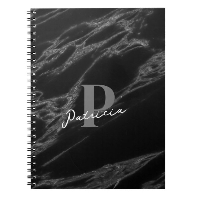Personalized Name Initial Modern Marble Black  Notebook (Front)