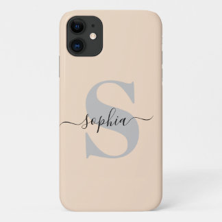 Personalized Name, Initial-Script, Linen/Silver iPhone 11 Case