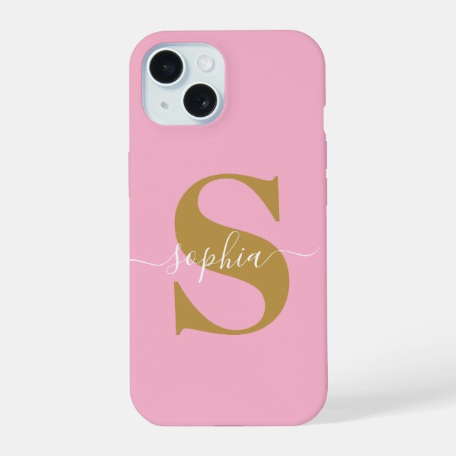 Personalized Name, Initial-Script, Pink/Gold Case- iPhone 15 Case (Back)