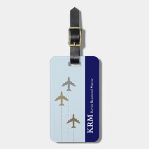 personalized (name+initials) travel airplanes blue luggage tag