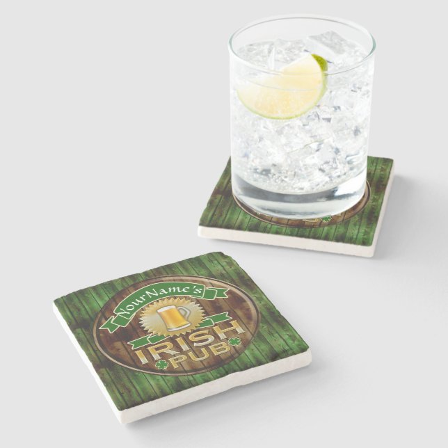 Personalized Name Irish Pub Sign St. Patrick's Day Stone Coaster (Side)