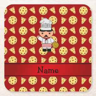 Personalized name italian chef red pizza pattern square paper coaster