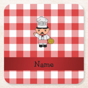 Personalized name italian chef red white checkers square paper coaster