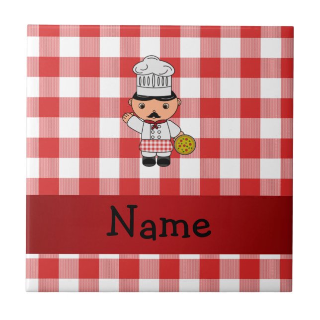 Personalized name italian chef red white checkers tile (Front)
