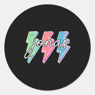 Personalized Name Jonas Lightning Bolt Chequered  Classic Round Sticker