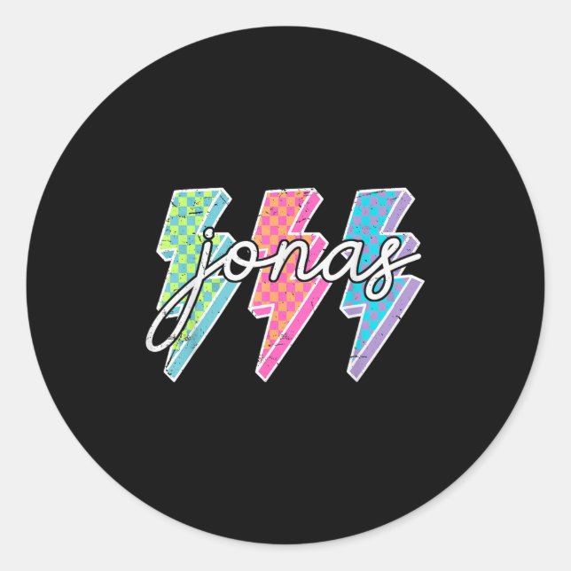 Personalized Name Jonas Lightning Bolt Chequered  Classic Round Sticker (Front)