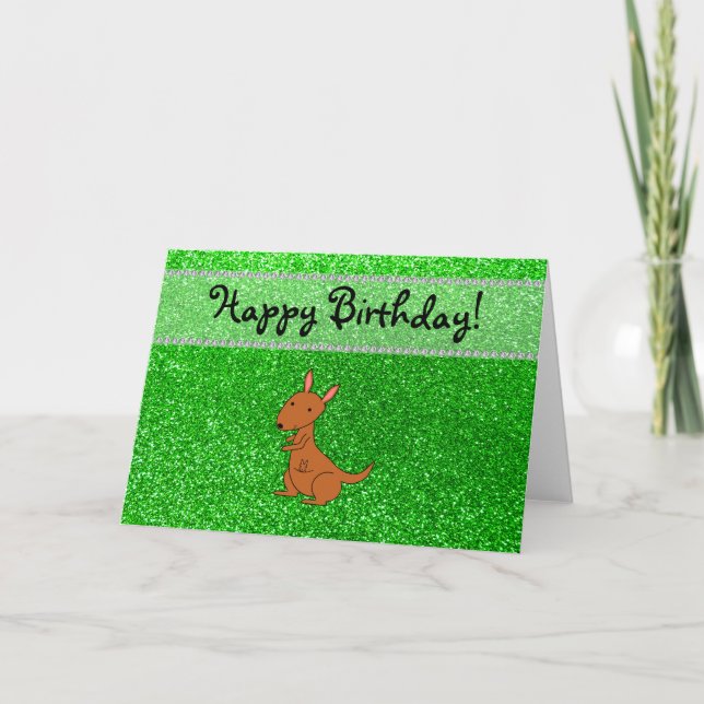 Personalized name kangaroo green glitter card (Front)