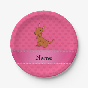 Personalized name kangaroo pink hearts paper plate