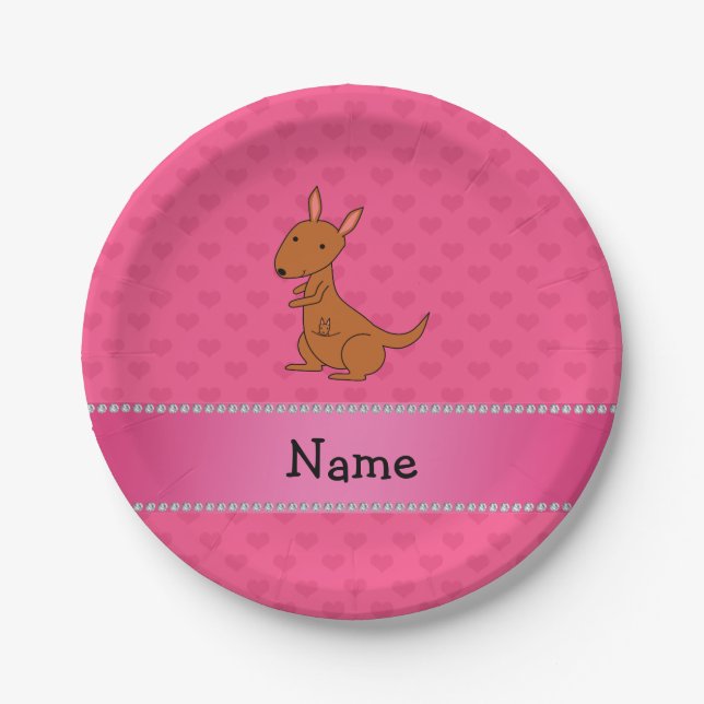 Personalized name kangaroo pink hearts paper plate (Front)