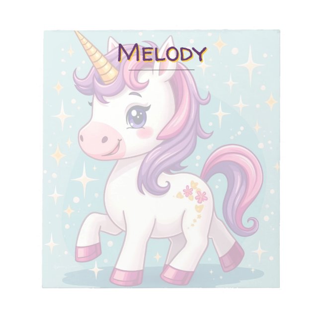 Personalized Name Kawaii Sparkle Unicorn  Notepad (Front)