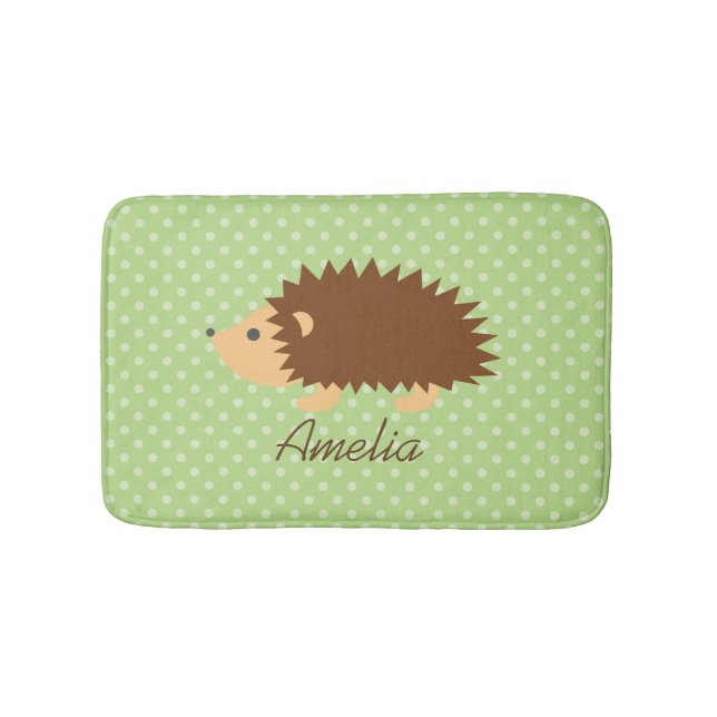 Personalized name kids bath mat with cute hedgehog (Front)