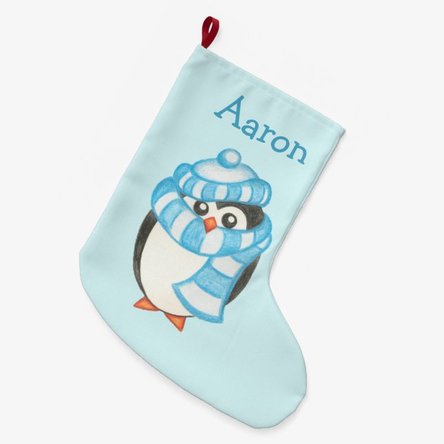 Personalized Name Kids Christmas Penguin Stocking (Front (Hanging))