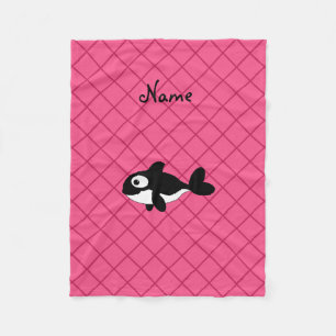 Personalized name killer whale pink grid pattern fleece blanket