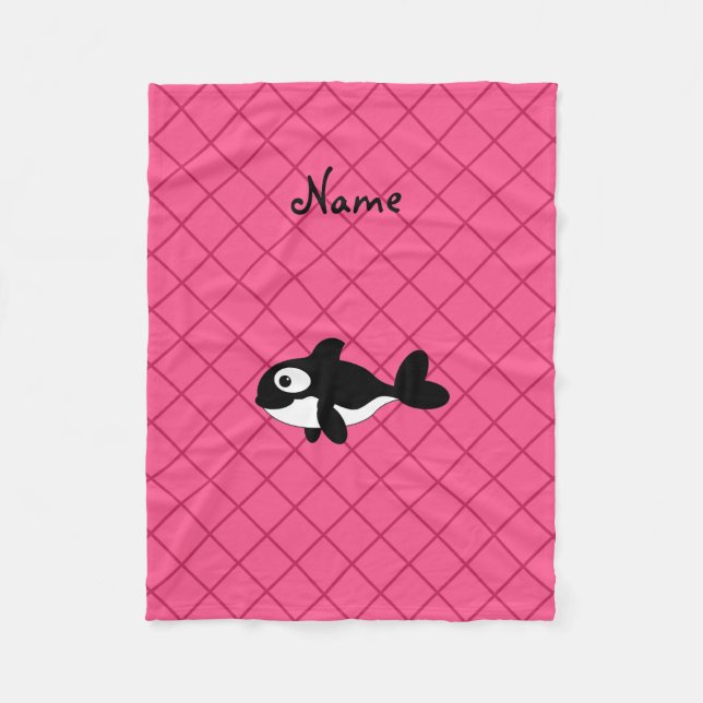 Personalized name killer whale pink grid pattern fleece blanket (Front)