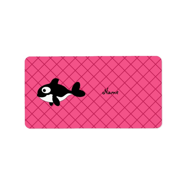 Personalized name killer whale pink grid pattern label (Front)