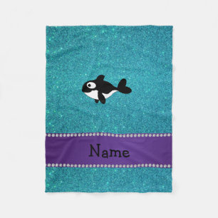 Personalized name killer whale turquoise glitter fleece blanket