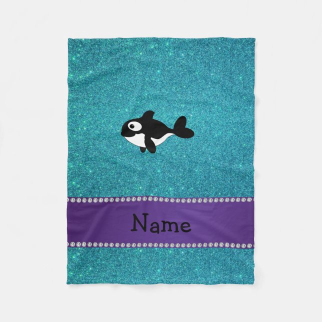Personalized name killer whale turquoise glitter fleece blanket (Front)