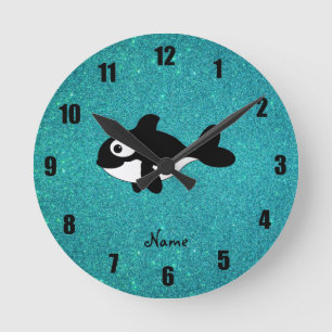 Personalized name killer whale turquoise glitter round clock
