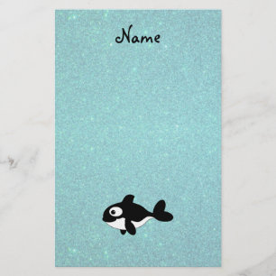 Personalized name killer whale turquoise glitter stationery