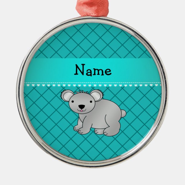 Personalized name koala bear turquoise grid metal ornament (Front)