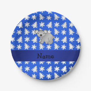 Personalized name koala blue snowflakes trees paper plate