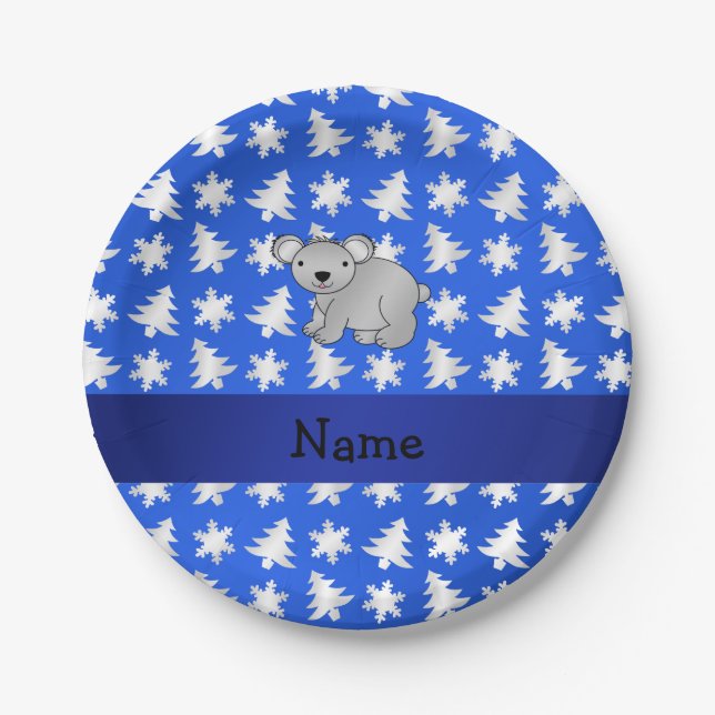 Personalized name koala blue snowflakes trees paper plate (Front)