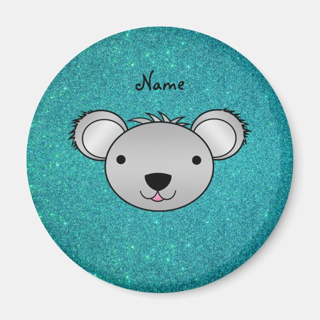 Personalized name koala face turquoise glitter magnet (Front)