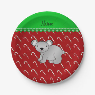 Personalized name koala red christmas candy canes paper plate