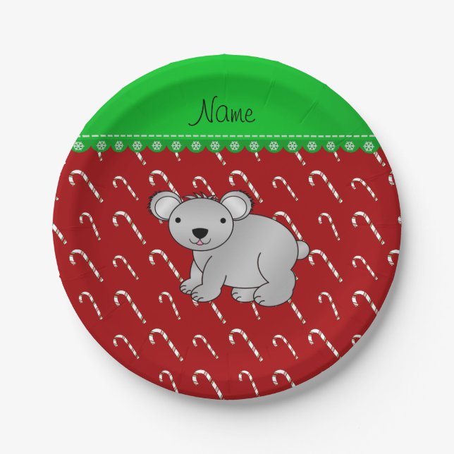 Personalized name koala red christmas candy canes paper plate (Front)