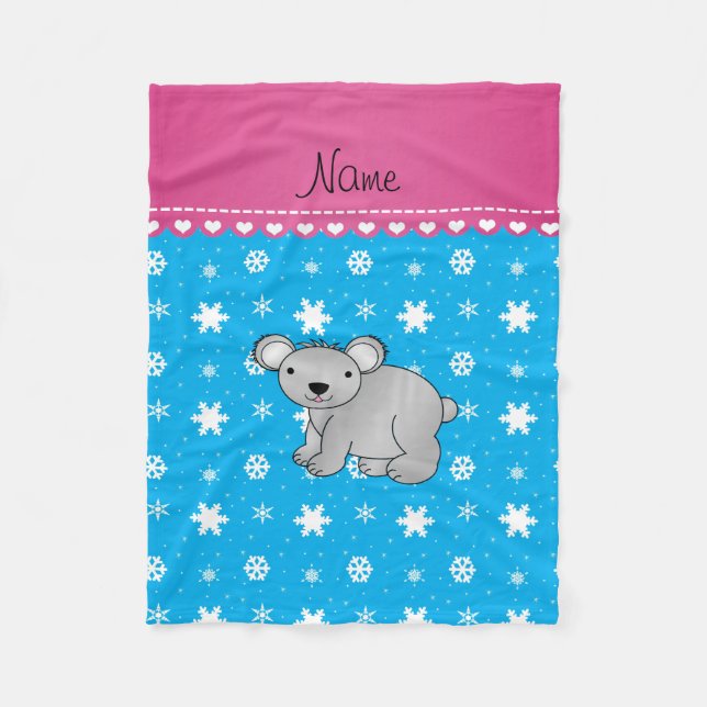 Personalized name koala sky blue snowflakes fleece blanket (Front)