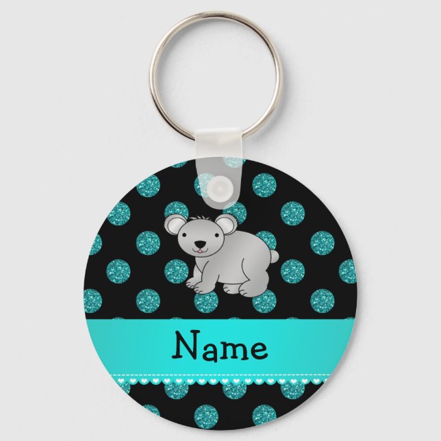 Personalized name koala turquoise polka dots keychain (Front)