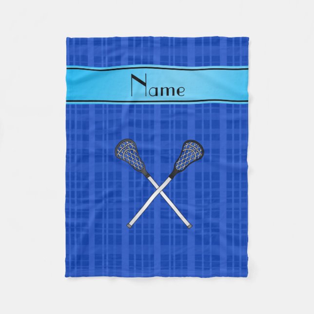 Personalized name lacrosse blue plaid fleece blanket (Front)