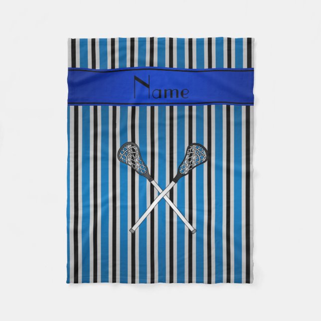 Personalized name lacrosse blue silver stripes fleece blanket (Front)