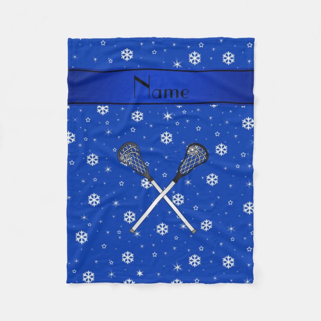 Personalized name lacrosse blue snowflakes fleece blanket (Front)