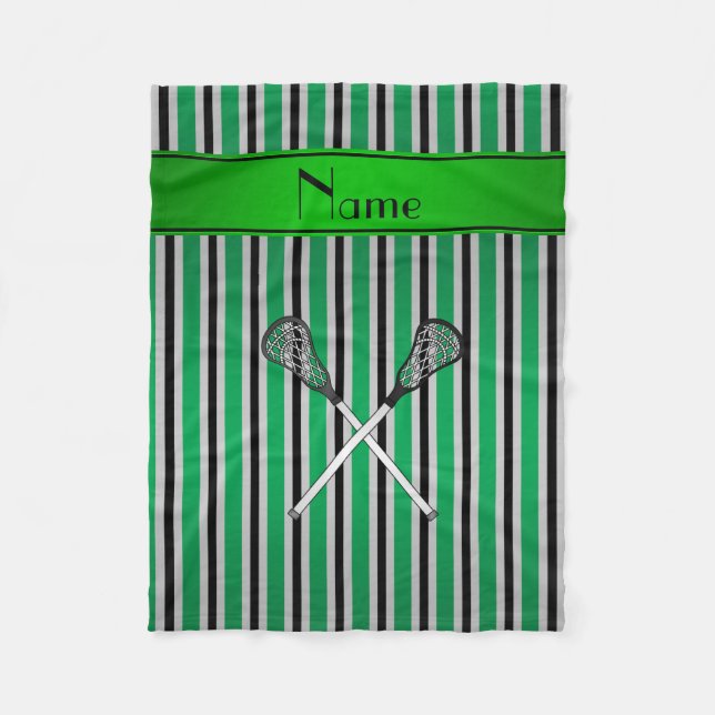 Personalized name lacrosse green silver stripes fleece blanket (Front)