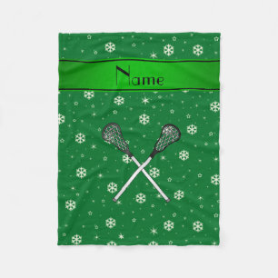 Personalized name lacrosse green snowflakes fleece blanket